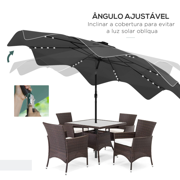 Outsunny Chapéu de Sol de Jardim Ø292x248 cm Chapéu de Sol com Manivela 32 Luzes LED Solares e 8 Hastes Cinza Escuro - Image 5