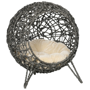 PawHut Cama para Gatos em Vime Sintético com Base de Tripé Almofada com Pelúcia e Algodão Suave Desenho Elevado Ø52x58 cm Cinza