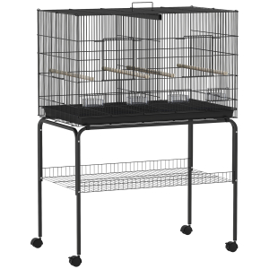 PawHut Gaiola para Pássaros com Divisória Rodas Gaiola para Aves com Comedouros Poleiros e Bandeja Removível 94x57x128 cm Preto