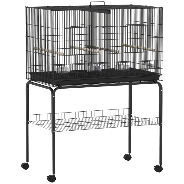 PawHut Gaiola para Pássaros com Divisória Rodas Gaiola para Aves com Comedouros Poleiros e Bandeja Removível 94x57x128 cm Preto