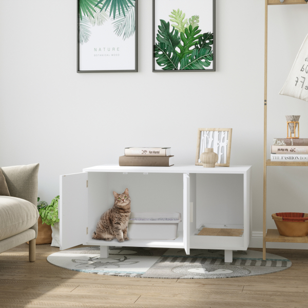 PawHut Móvel Caixa de Areia para Gatos com Porta com Arranhador Caixa de Areia para Gatos de Interior 91x52x50,5 cm Branco - Image 2