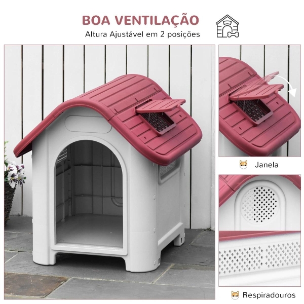 PawHut Casota para Cães com Porta Removível Base Elevada 3 Respiradouros e Janela Casota de Cães para Interior e Exterior 59x75x66cm Cinza e Vermelho - Image 5