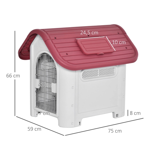 PawHut Casota para Cães com Porta Removível Base Elevada 3 Respiradouros e Janela Casota de Cães para Interior e Exterior 59x75x66cm Cinza e Vermelho - Image 3