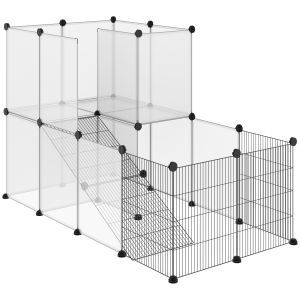PawHut Recinto para Animais de Estimação Pequenos DIY com 21 Painéis de Resina e 6 Painéis de Arame  140x70x90cm Transparente e Preto