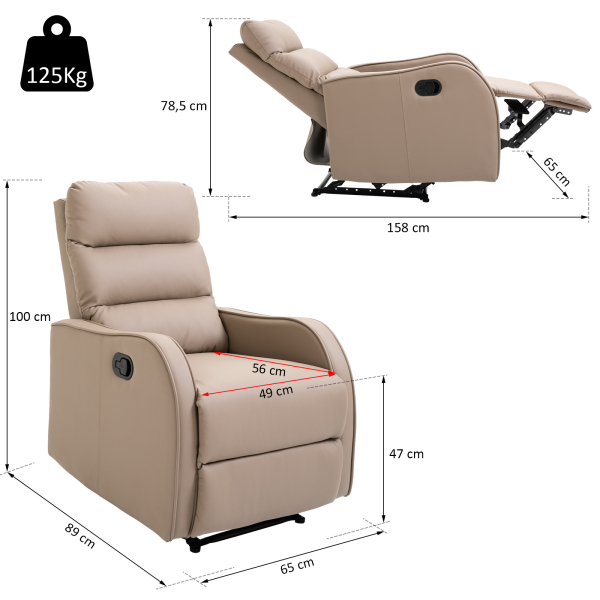 HOMCOM Poltrona Relax com reclinação manual até 160 ° com apoio para os pés retrátil Esponja de densidade estofada em PU 65x89x100cm - Image 3