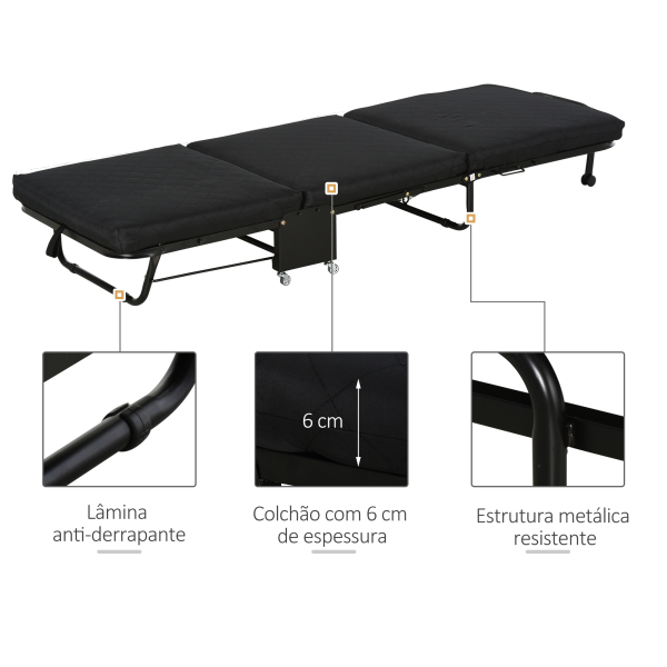 HOMCOM Cama Dobrável 184x65 cm Cama Dobrável Ajustável em 5 Níveis Rodas Universáis e Estrutura de Metal Carga 120 kg Preto - Image 6