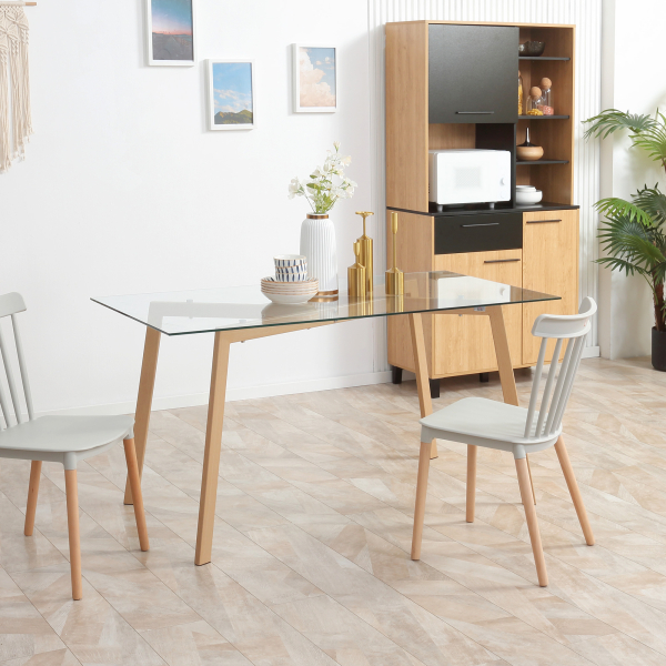 HOMCOM Mesa de Jantar para 6 Pessoas com Bancada de Vidro Temperado e Pés de Aço com Efeito de Madeira 150x75x76 cm Transparente e Madeira - Image 2