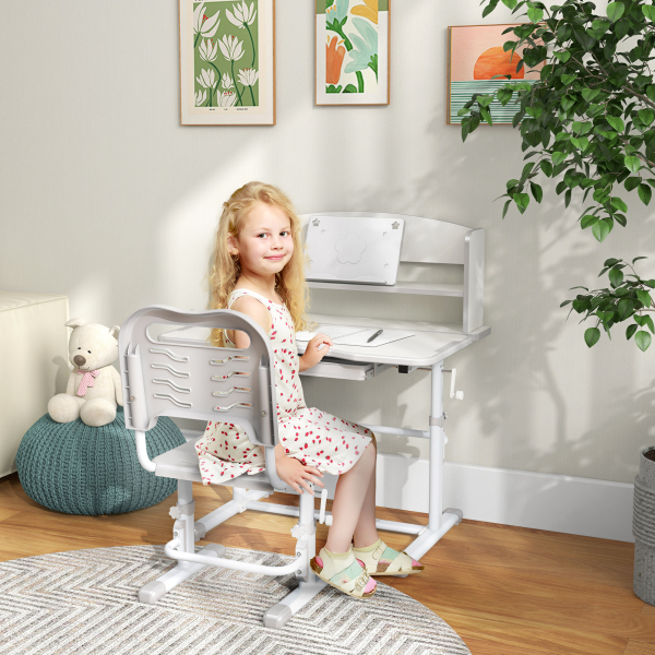 ZONEKIZ Conjunto de Secretária e Cadeira para Crianças com Altura Ajustável e Ângulo da Mesa Ajustável 80x54,5x82-104 cm Cinza e Branco - Image 2