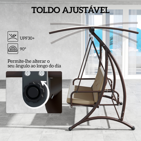Outsunny Baloiço de Jardim Exterior de 3 Lugares Convertível em Cama com Toldo Ajustável Proteção UPF30+ 200x120x175 cm Caqui - Image 5