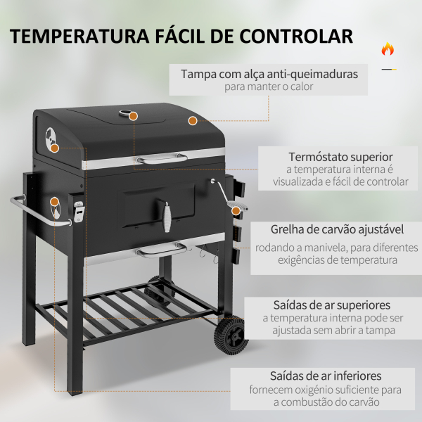 Outsunny Barbecue a Carvão com Rodas Tampa Grelhas de Aço Inoxidável Termômetro Bandeja Lateral e Prateleira 113x65x108 cm Preto - Image 5
