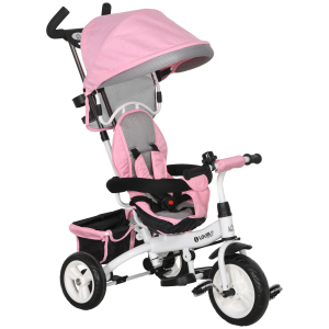 HOMCOM Triciclo Evolutivo para Bebés de +12 Meses 2 em 1 com Toldo Dobrável Guiador Cinto de Segurança e Cesto 95x50x106 cm Rosa