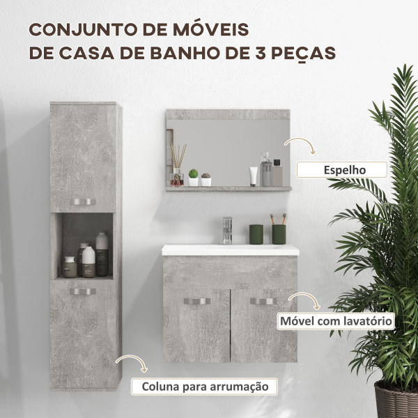 kleankin Conjunto de Móveis Casa de Banho 3 Peças com Espelho Móvel com Lavatório Cerâmico e Coluna de Casa de Banho Cinza - Image 4
