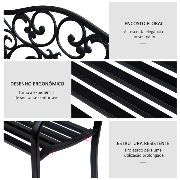 Outsunny Banco de Jardim de Aço Banco de Exterior com Encosto e Apoio para os Braços para Pátio Varanda 127x60x89 cm Preto - Image 5
