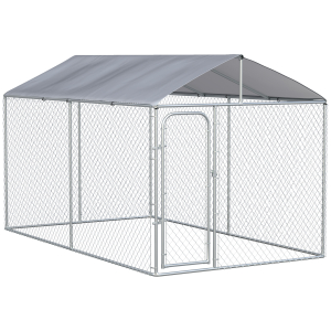 PawHut Canil de Exterior com Toldo Anti-UV Porta com Trava e Estrutura de Metal Galvanizado 4x2,3x2,32 cm Prata