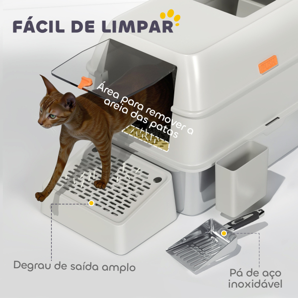 PawHut Caixa de Areia para Gatos Fechada de Aço Inoxidável com Abertura de Saída e Pá 60,2x40,5x40,5 cm Cinza Claro - Image 7