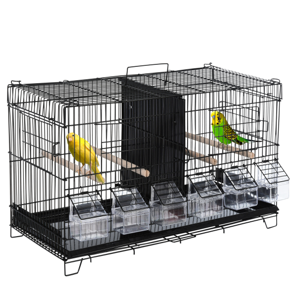 PawHut Gaiola para Pássaros com Divisória Ganchos Superiores Portas Comedouros Poleiros e Bandeja Amovível 59,5x26,5x39,5 cm Preto