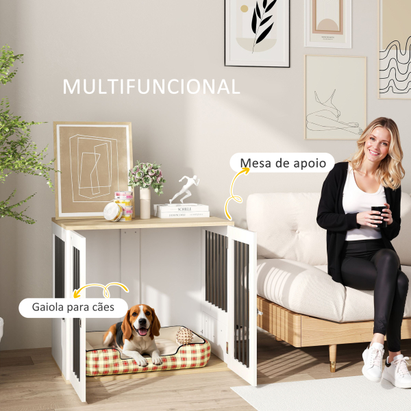 PawHut Gaiola para Cães 2 em 1 Mesa Auxiliar com 2 Portas com Trava Comedouro Giratório de 360° 2 Tigelas 80x55x71,5 cm Branco - Image 5