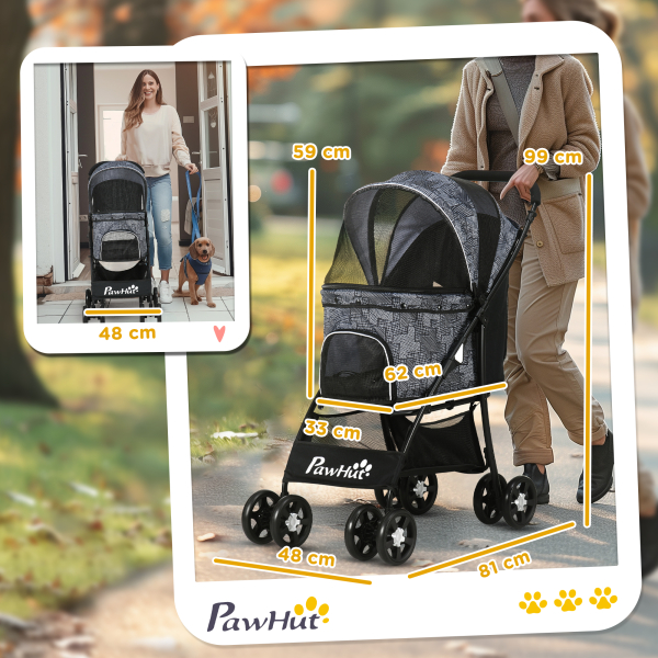 PawHut Carrinho para Cães Dobrável para Cães Pequenos com Cesta de Armazenamento Capota Ajustável Janela de Malha 81x48x99 cm Cinza - Image 3