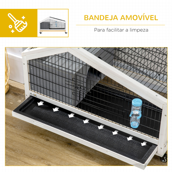 PawHut Coelheira de Madeira com Rodas Gaiola para Coelhos com Bandeja Amovível e Bebedouro 90x53x55 cm Cinza Escuro - Image 6