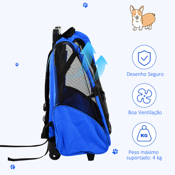 PawHut Transportadora 2 em 1 para Animais de Estimação Mochila ou Carrinho de Viagem para Cães e Gatos com 2 Rodas Alça Retrátil de Alumínio e Bolso de Armazenamento 42x25x55cm Azul - Image 7