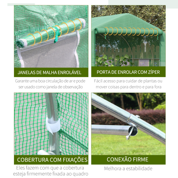 Outsunny Estufa de Túnel 3,5x3x2m Estufa de Jardim com Porta e 6 Janelas Enroláveis de Polietileno Metal Galvanizado para Cultivos de Plantas Flores Verde - Image 6