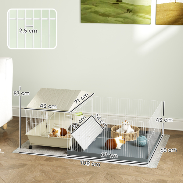 PawHut Gaiola para Animais Pequenos com Parque Desmontável Gaiola para Roedores com Rodas Rampas Bebedouro e Dispensador de Feno 108x71x57 cm Bege - Image 3
