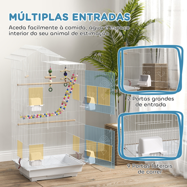 PawHut Gaiola para Passáros de Metal com Portas 4 Comedouros 3 Poleiros Baloiço Escadas e Bandeja Removível  46x36x100 cm Branco - Image 7