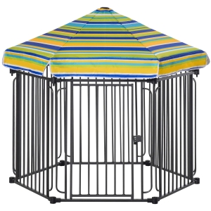PawHut Parque para Animais de Estimação com 6 Barreiras de Metal 61x76cm Canil Desmontável para Cães com Teto Hexagonal e Porta com Fechadura de Segurança 122x105x119cm Preto e Colorido
