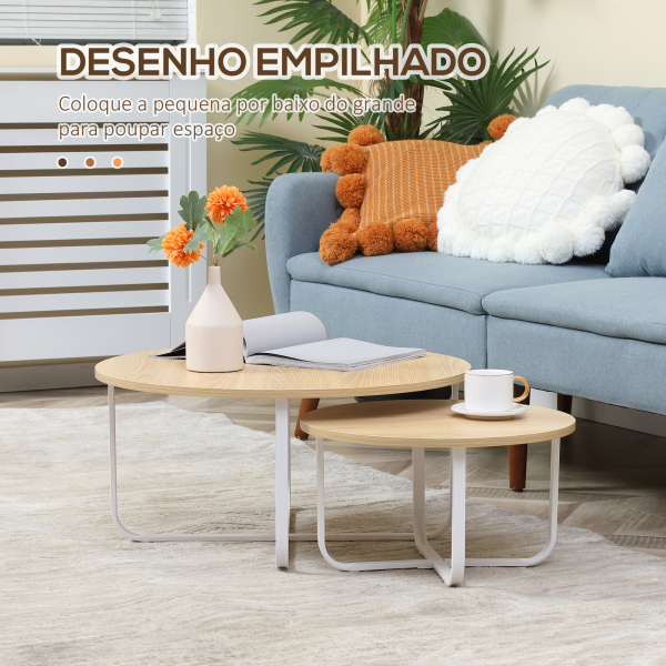 HOMCOM Conjunto de 2 Mesas de Centro Ø65x32cm e Ø45x26cm Mesas Redondas com Bancada de Madeira e Pés de Metal Madeira e Branco - Image 4