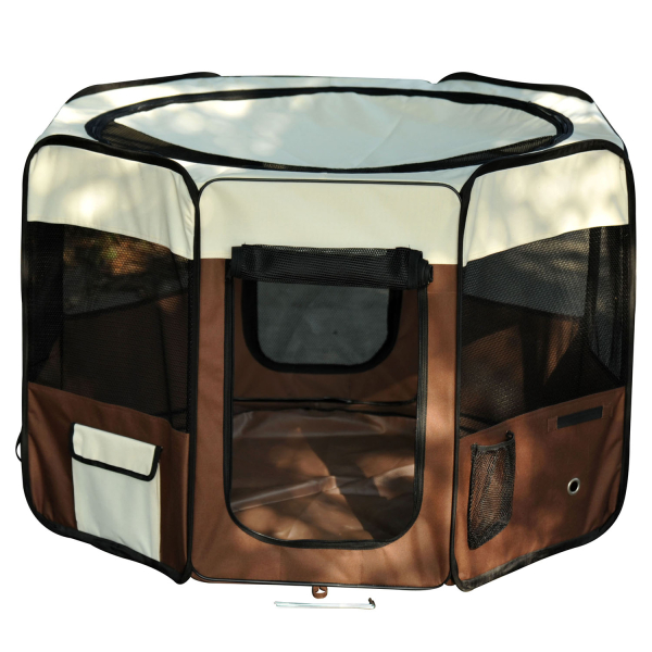 PawHut Parque para Animais de Estimação Dobrável com 2 Portas e Almofada Tecido Oxford Ø117x71 cm Marrom - Image 9