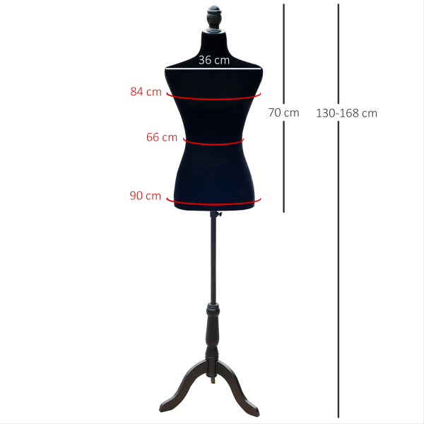HOMCOM Manequim de Costura Feminino Manequim de Costura Ajustável a 130-168 cm com Tripé de Madeira Preto - Image 3