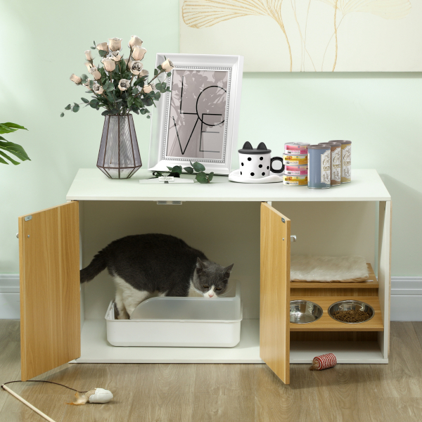 PawHut Móvel Caixa de Areia para Gatos 3 em 1 Mesa Auxiliar Caixa de Areia para Gatos com Tapete para Arranhar 95x48x50,5 cm Branco e Carvalho - Image 2
