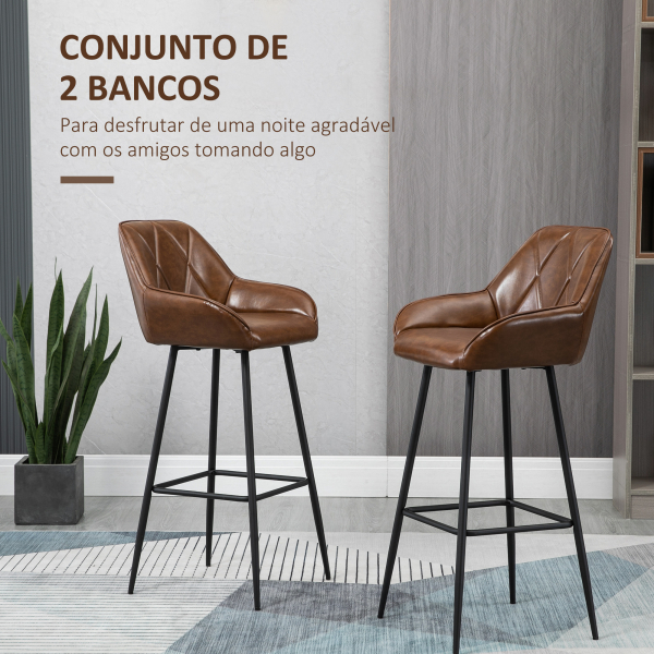HOMCOM Conjunto de 2 Bancos Altos Estofados em PU com Encosto Alto Pés de Aço e Apoio para os Pés 50x47,5x102,5cm Marrom - Image 4