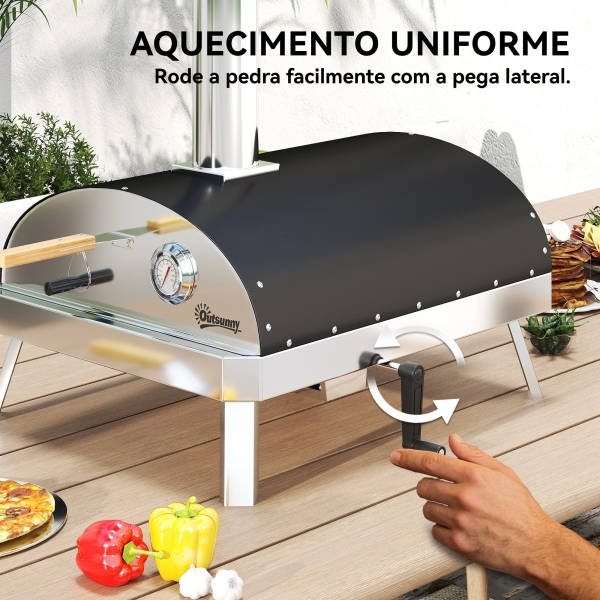 Outsunny Mini Forno de Pizza Exterior Portátil Forno a Lenha com Pedra Refratária Ø33 cm Termómetro e Bandeja Giratória 84x47x82 cm Prata - Image 6