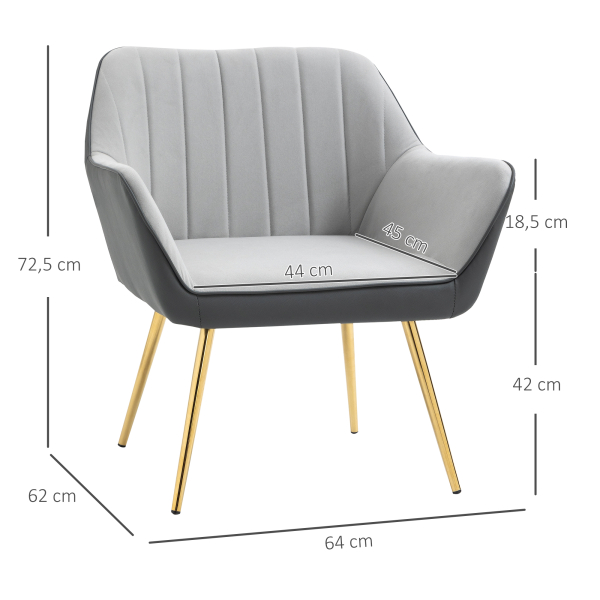 HOMCOM Poltrona de Sala de Estar Estofada em Couro Sintético e Veludo com Apoios para os Braços Pés Dourados 64x62x72,5 cm Cinza - Image 3