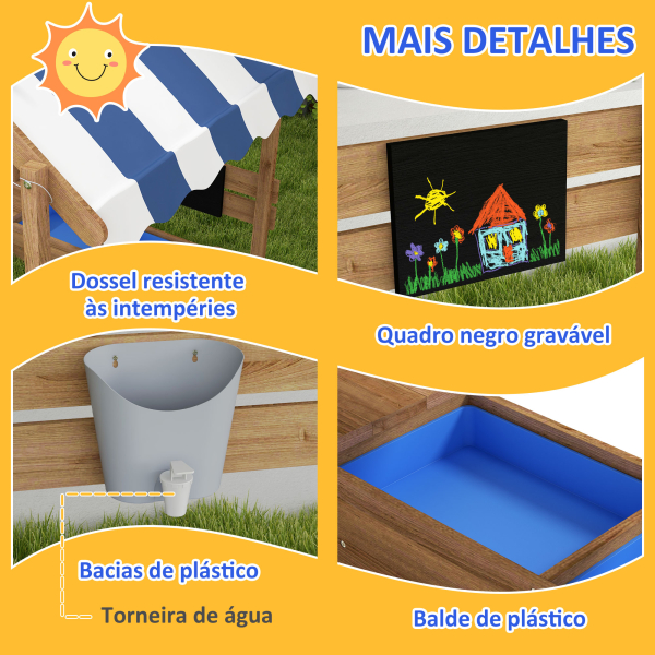 Outsunny Caixa de Areia para Crianças de Madeira com Toldo Torneira e Ardósia para Pátio Jardim 124x116x146 cm Castanho - Image 7