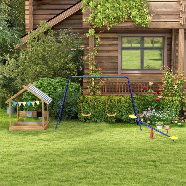 Outsunny Caixa de Areia para Crianças de Madeira com Toldo Torneira e Ardósia para Pátio Jardim 124x116x146 cm Castanho - Image 9