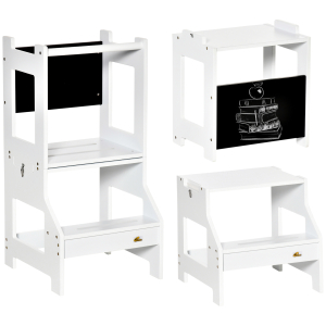 HOMCOM Torre de Aprendizagem para Crianças 3-6 Anos de Madeira Torre de Aprendizagem Infantil Convertível em Secretária com Ardósia e Barra de Segurança para Casa de Banho Cozinha 42x44x86cm Branco