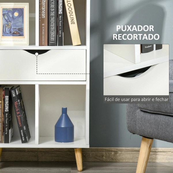 HOMCOM Estante para Livros com 6 Compartimentos Abertos 1 Gaveta e Pés de Madeira para Armazenamento de Brinquedos CDs Plantas 50x29,5x120cm Branco - Image 6