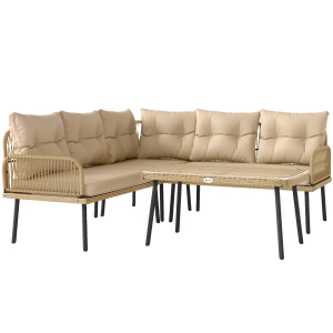 Outsunny Conjunto de Jardim de Vime Sintético de 4 Peças Inclui 2 Sofás de 2 Lugares 1 Canto de Sofá 1 Mesa de Centro Madeira e Bege