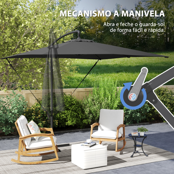 Outsunny Chapéu de Sol Excêntrico 247x247 cm com Base Cruzada Capa Ajustável Manivela Capa Protectora e Corda de Vento Cinza Escuro - Image 7