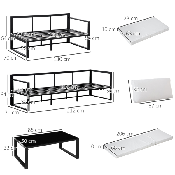 Outsunny Conjunto de Móveis de Jardim 3 Peças de Alumínio com Mesa de Vidro Sofá de 2 Lugares e Sofá de 3 Lugares com Encosto Ajustável e Almofadas Removíveis 212x70x64cm Preto e Cinza - Image 3