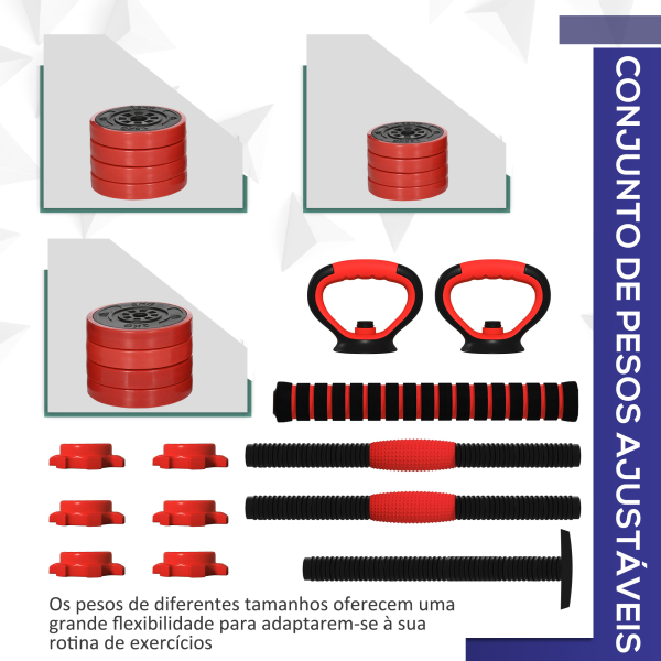 SPORTNOW Conjunto de Halteres 20kg 4 em 1 Conjunto de Pesos com Kettlebell Barra de Pesos para Treino de Força em Casa Ginásio Vermelho - Image 5