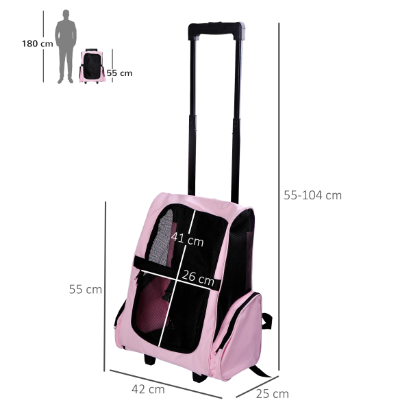 PawHut Transportadora 2 em 1 para Animais de Estimação Mochila ou Carrinho de Viagem para Cães e Gatos com 2 Rodas Alça Retrátil de Alumínio e Bolso de Armazenamento 42x25x55cm Rosa - Image 3