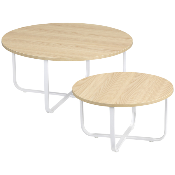 HOMCOM Conjunto de 2 Mesas de Centro Ø65x32cm e Ø45x26cm Mesas Redondas com Bancada de Madeira e Pés de Metal Madeira e Branco - Image 9