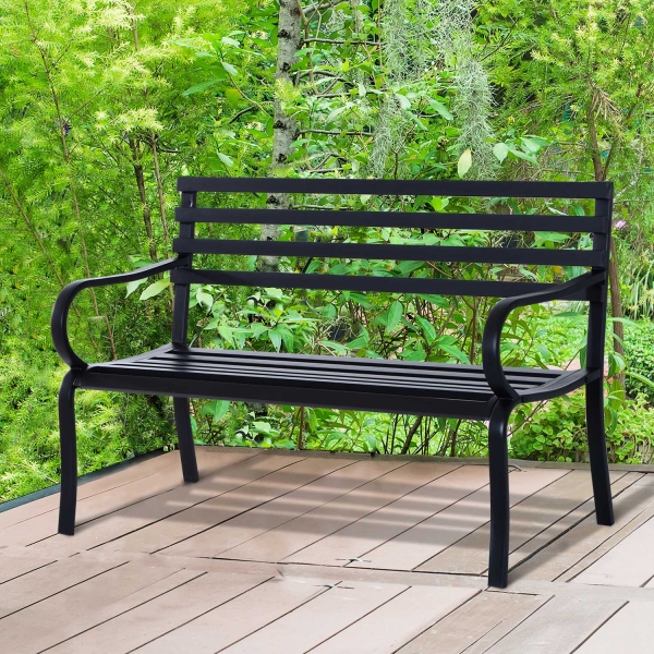 Outsunny Banco de Jardim em Metal Banco de Exterior de 2 Lugares com Apoios de Braços Capacidade 240 kg 127x58x82 cm Preto - Image 2
