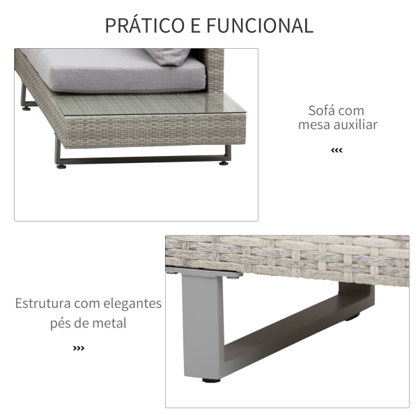 Outsunny Conjunto de Móveis de Vime 3 Peças Mesa de Centro Sofá Duplo e Sofá de 3 Lugares para Terraço Jardim Pátio Cinza - Image 6