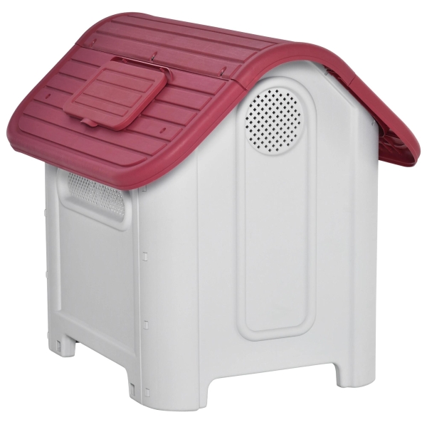 PawHut Casota para Cães com Porta Removível Base Elevada 3 Respiradouros e Janela Casota de Cães para Interior e Exterior 59x75x66cm Cinza e Vermelho - Image 9