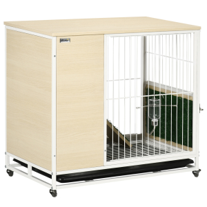 PawHut Coelheira de Madeira com Rodas Móvel Coelheira com Teto Abatível Bandeja Amovível Bebedouro e Rampa 78x52,5x76,5cm Carvalho