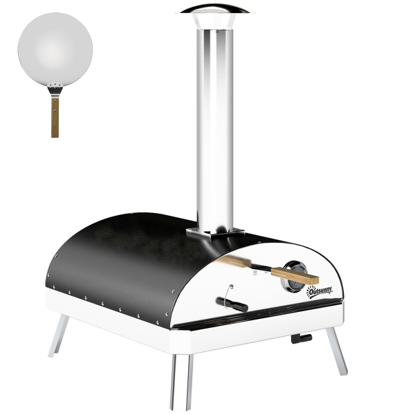 Outsunny Mini Forno de Pizza Exterior Portátil Forno a Lenha com Pedra Refratária Ø33 cm Termómetro e Bandeja Giratória 84x47x82 cm Prata